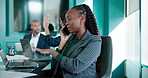 Business, laptop or woman with phone call in office for account management, feedback or assistance. Financial advisor, person or laughing with client for investment advice or finance plan development