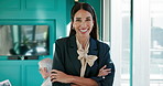Face, business and woman with arms crossed, smile and confident personality with risk management. Portrait, mature person or happy employee in modern office, accounting or financial expert with pride
