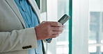 Hands, business and man in office, smartphone and email with online schedule, app and internet. Closeup, person and corporate professional in workplace, cellphone and connection with social media