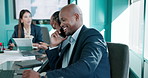 Business, laptop or man with phone call in meeting for asset management, feedback and finance plan. Financial advisor, office and speaking to client for investment advice, insurance and negotiation