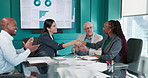 Business people, onboarding or handshake in office, charts or success with stock market goal. Employees, group or financial deal in meeting, shaking hands or achievement with partnership or agreement