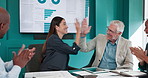 High five, applause and business people in office for meeting with good news, achievement or goal. Collaboration, clapping hands and finance advisors with celebration for profit increase in workplace