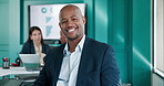 Face, tablet and happy business man in meeting for investment, research and finance. Technology, portrait and corporate data analyst in office for coworking, risk management and scroll graphs online