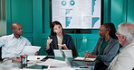 Collaboration, meeting and steps with financial team in boardroom for investment or trading. Chart, infographic and growth process with business people in office for finance or risk management
