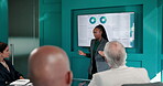 Business, people and meeting with graph on screen for accounting, finance data and sales charts. Speaker, presentation and stats for company growth, budget review and funding pitch of risk management