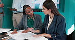 Boardroom, discussion and women with paperwork, meeting and plan for proposal with info for funding. Corporate, financial analyst and colleagues with ideas for investment, teamwork and documents