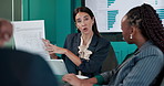Business people, documents and woman in meeting, graphs and project budget with investment. Group, employees and paperwork in office, charts and revenue for company, feedback and accounting with deal