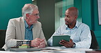 Business, people and meeting with tablet in office for discussion, planning and finance proposal. Men, talking and digital with teamwork, financial pitch and budget feedback of investment negotiation