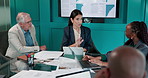 Collaboration, infographic and meeting with financial team in boardroom for investment or trading. Charts, conversation and finance with business people in office for portfolio or risk management