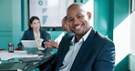 Face, tablet and happy businessman in meeting for investment, research and finance. Technology, portrait and corporate data analyst in office for coworking, risk management and scroll graphs online