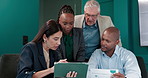 People, meeting and explain with tablet in office for planning, finance report and proposal. Staff, discussion and digital with teamwork, financial pitch and budget feedback of investment negotiation