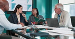 Business, finance or people with discussion in office for profit sharing, capital structure or ideas. Meeting, graphs or stakeholders in boardroom for investment pitch, budget negotiation or feedback