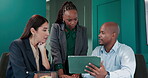 Group, people and meeting with tablet in office for discussion, planning and finance proposal. Staff, talking and digital with teamwork, financial pitch and budget feedback for investment negotiation