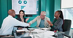 Business people, success and handshake in office, charts and collaboration with stock market goals. Employees, group and financial consultant in meeting, shaking hands and achievement with b2b deal