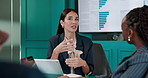 Collaboration, explain and meeting with financial people in boardroom for investment or trading. Charts, infographic and finance with business team in office for conversation on risk management