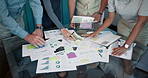 Paper, data analysis or hands of business people in group for graphs, budget review or economics. Collaboration, talk or financial team in office with investment project, report or charts documents