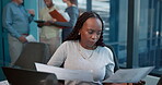 Office, read and woman with laptop for data entry, bookkeeper and records of financial transactions. Review, report or accountant with smile for stats, document or person with tech for administration
