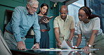 Documents, project management and strategy with business people in office for problem solving. Collaboration, conversation and paperwork with employee team in boardroom for brainstorming ideas