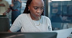 Office, employee and woman with laptop for data entry and records of financial transactions or info. Typing, digital report and accountant with documents for administration, read or serious with tech