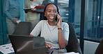Accounting, laughing and phone call with business woman in office for financial report or update. Funny, laptop and thinking with accountant speaking on mobile for portfolio growth or risk management