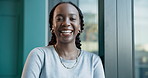 Laugh, business and face of black woman by window for confidence, pride or about us in finance office. Corporate, professional and portrait of happy person for financial consultant, career and job