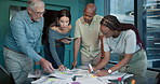 Conversation, documents and project management with business people in office for problem solving. Collaboration, paperwork and strategy with employee team in boardroom for brainstorming ideas