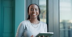Face, smile or black woman on tablet in company for research, schedule or accounting proposal. Financial project, happy or African accountant with news update for finance report and review investment