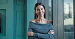 Happy, face and business woman with crossed arms for confidence, pride or about us in finance office. Corporate, professional and portrait of person by window for financial consultant, career and job