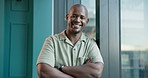 Happy, business and face of black man with crossed arms for confidence, pride or about us in finance office. Professional, window and portrait of person for financial consultant, career and job