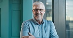 Happy, face and mature businessman with crossed arms, confidence and about us in finance office. Manager, professional and portrait of person by window for financial consultant, career and job