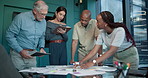 Collaboration, documents and project management with business people in office for problem solving. Conversation, paperwork and strategy with employee team in boardroom for brainstorming ideas