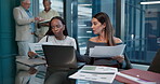 Paper, graphs or business women in meeting for account, budget review or economic data. Collaboration, talk or financial team in office with investment project, charts report or research documents