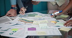 Documents, data analysis or hands of business people in meeting for graphs, budget review or report. Collaboration, talk or financial team in office with investment project, agenda or charts paper