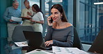 Accounting, laptop and phone call with business woman in office for financial report or update. Computer, smile and thinking with mature accountant speaking on mobile for portfolio or risk management