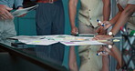 Paper, group or hands of business people in meeting for account, budget review or economic data. Collaboration, talk or financial team in office with investment project, report or research documents