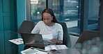 Office, serious and woman with documents, laptop and report for data entry, bookkeeper and employee. Read, paperwork and tech for records of financial transactions, typing and analysis of stats