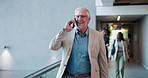 Executive, phone call and walking with man in convention center for conference, seminar or tradeshow. Business, communication and smile of mature employee in lobby for event, expo or symposium