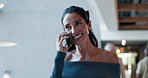 Business, phone call and walking with happy woman at conference or development seminar or tradeshow. Communication, convention center and smile of mature employee in lobby for event or symposium