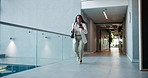 Stress, running and businesswoman check phone in office for meeting, panic and time management. Late, black person and hurry in corridor for appointment schedule, travel delay and moving at speed