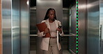 Leaving, elevator and woman with smartphone, office or checking time with tech, serious or schedule. Open, lift and arrival at work with transportation, online or black person with mobile for meeting