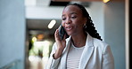 Business, phone call and black woman in office, conversation and network with digital app. African person, employee and consultant in lobby, cellphone and connection with communication and chatting