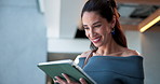 Happy, employee and woman with tablet, office and excited by ad campaign performance, online or web. Laughing, media manager and mature person with tech for brand awareness, app and smile for success