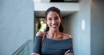 Smile, crossed arms and face of businesswoman in office with confidence for creative career growth. Happy, positive attitude and portrait of journalist from Canada with pride for job in workplace.