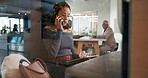 Business, phone call and woman in cafe, tablet and communication with creative freelancer. Mature person, customer and entrepreneur with smartphone, tech and planning for online schedule and feedback