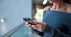 Phone, business woman and hands typing in office for email, text or event planning on internet. Mobile, creative worker and communication online, chat and review message for decor update in hallway