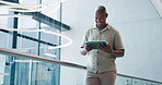 Smile, black man and tablet in lobby at hotel for research, venue planning and check schedule. Thinking, male coordinator and digital with booking details, ideas and information for event management