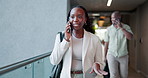 Business, phone call and walking with woman at conference for development seminar or tradeshow. Communication, convention center and smile of happy employee in lobby for event, expo or symposium