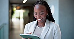 Office, excited and woman with tablet, online and ad campaign performance on web, happy or employee. Laughing, media manager and black person with tech for brand awareness, app and smile for success