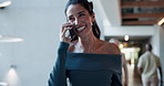 Business, phone call and walking with happy woman in convention center for conference or tradeshow. Communication, development and smile of mature employee in lobby for event, seminar or symposium