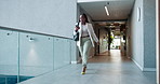 Walking, rush or businesswoman check phone in office for appointment, late or time management fail. Stress, black person and hurry in corridor for meeting schedule, morning delay and moving at speed